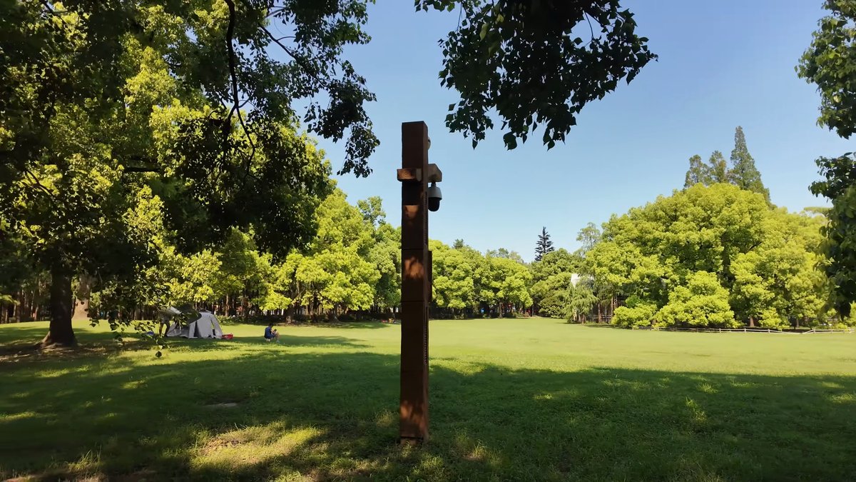 A carved wooden post standing on the lawn