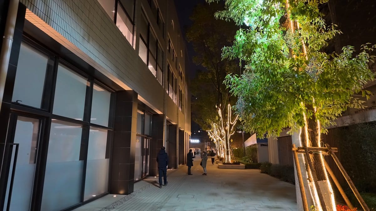 A covered walkway between buildings, the glazing dark