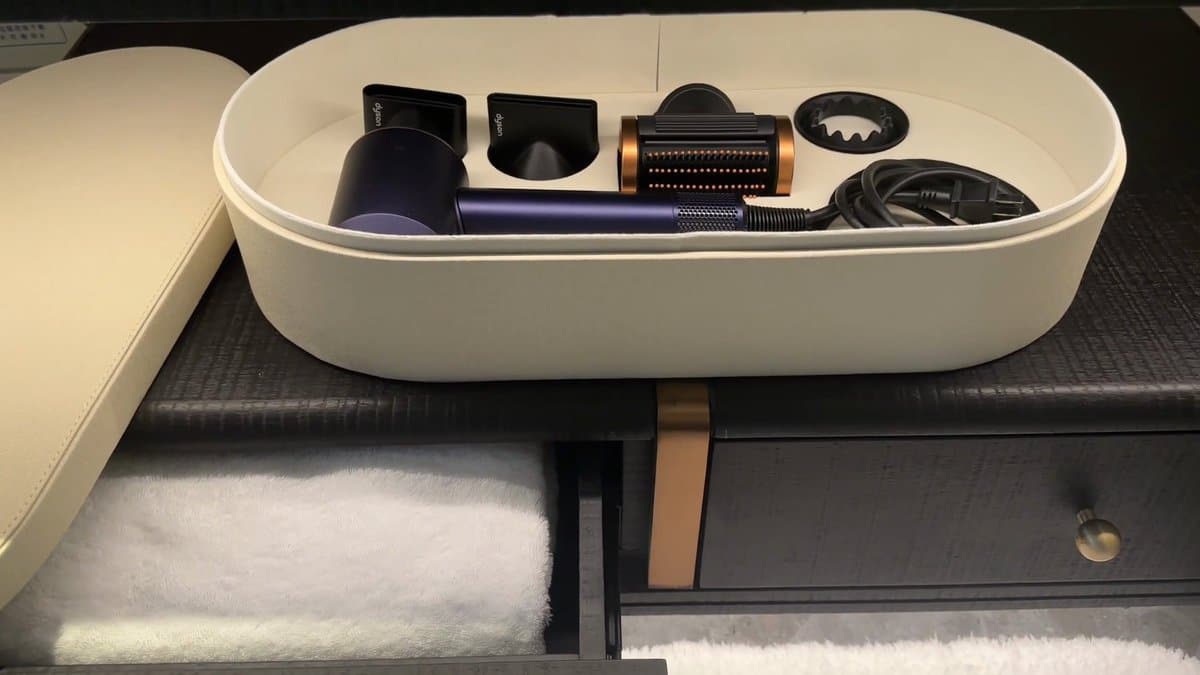 A drawer opened on a hair dryer set