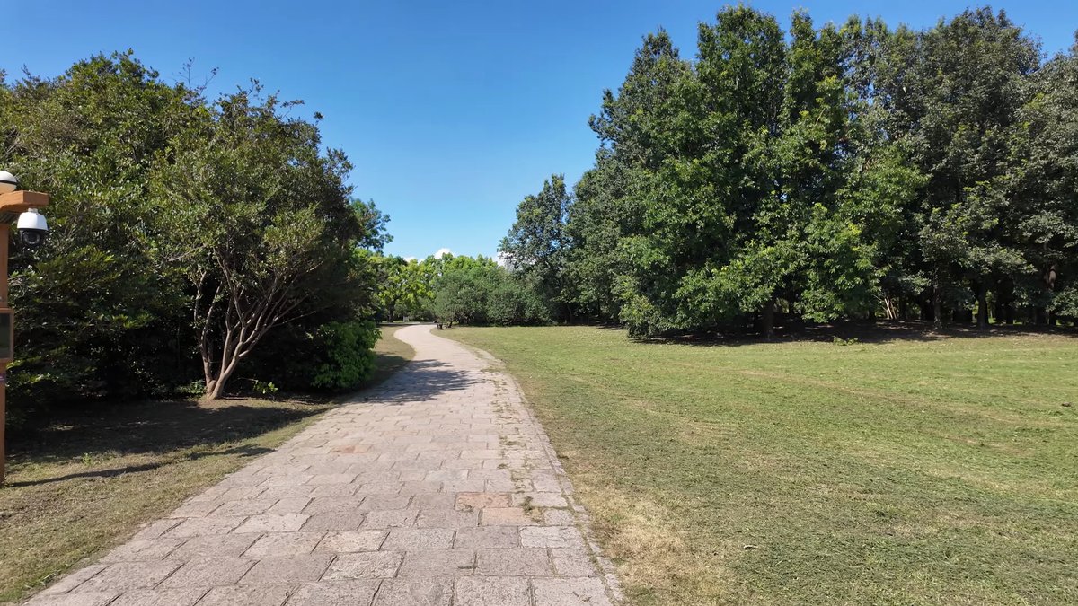 A paved path running beside an open lawn