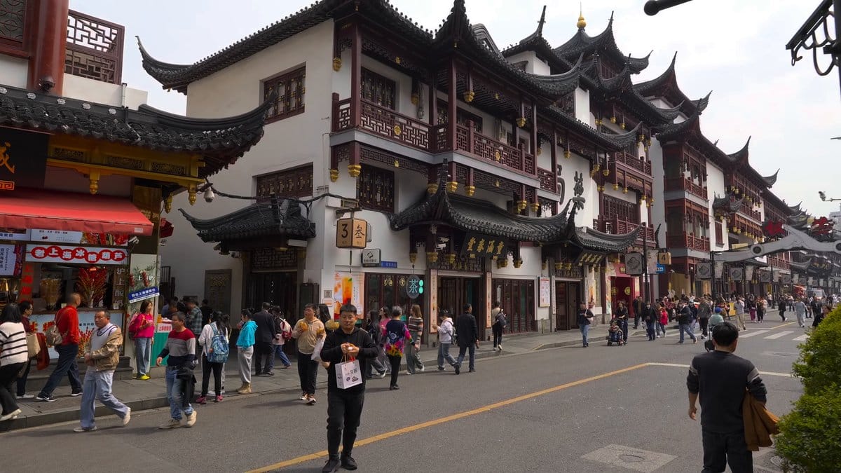 A street of traditional-style buildings with shop awnings