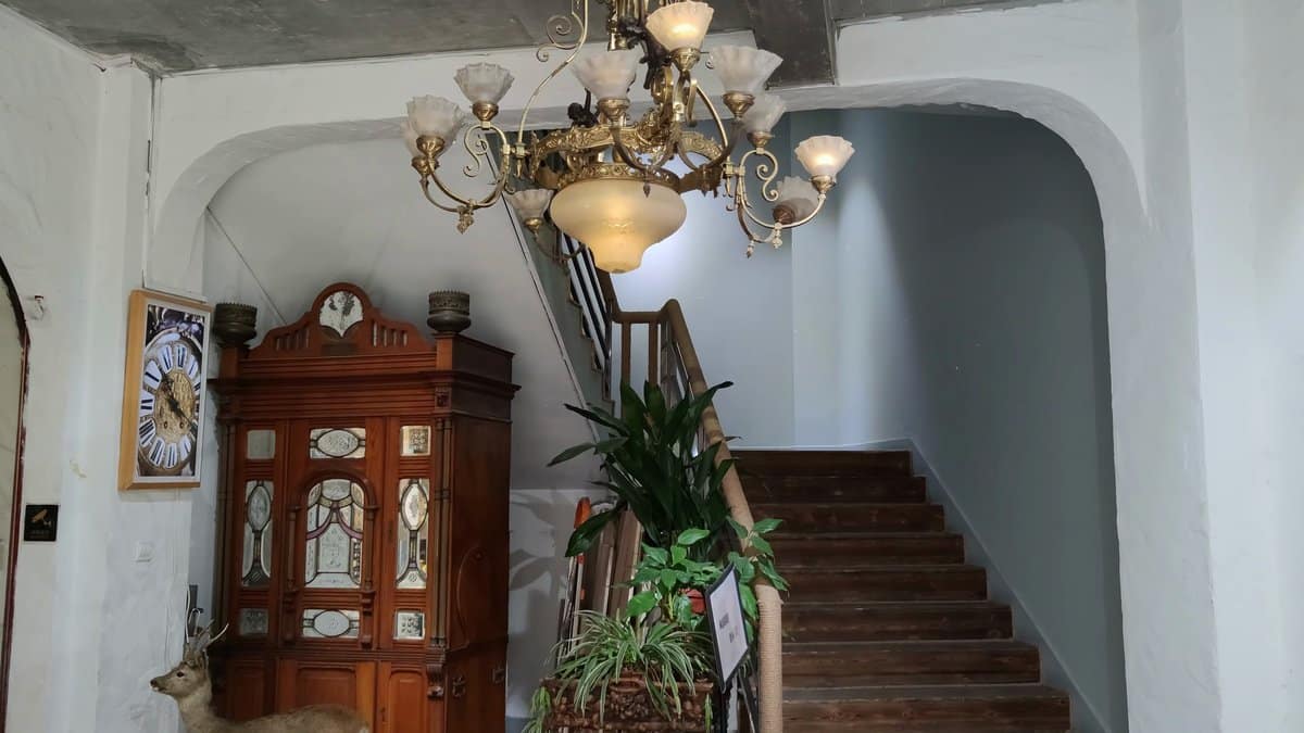 Antiques shop with brass chandelier