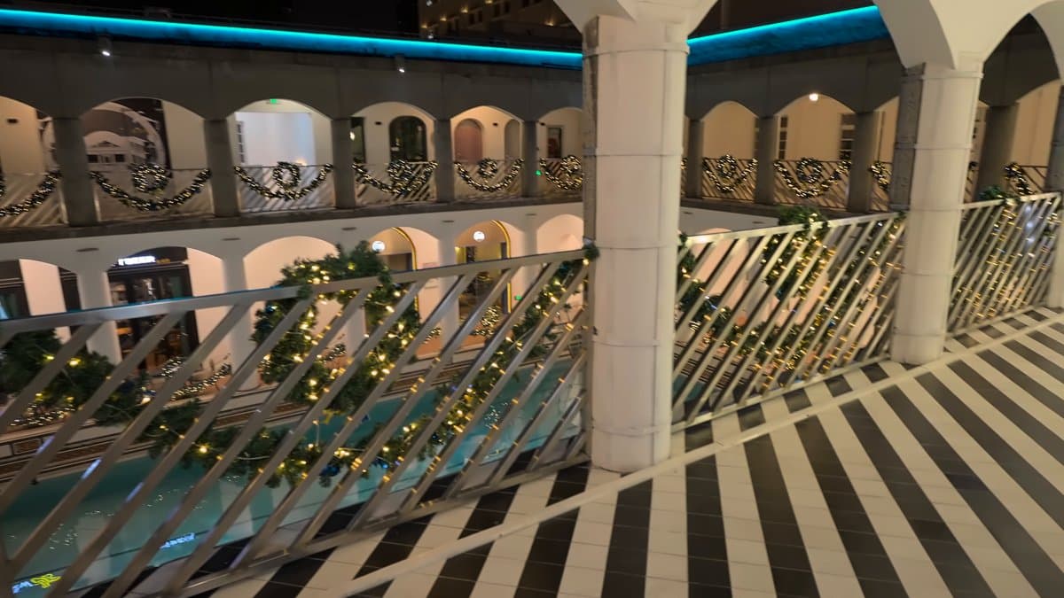 Black-and-white striped gallery floor