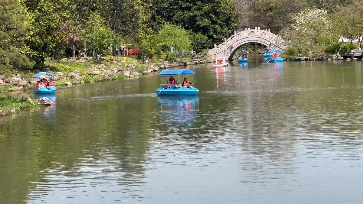 Blue pedal boats on the lake