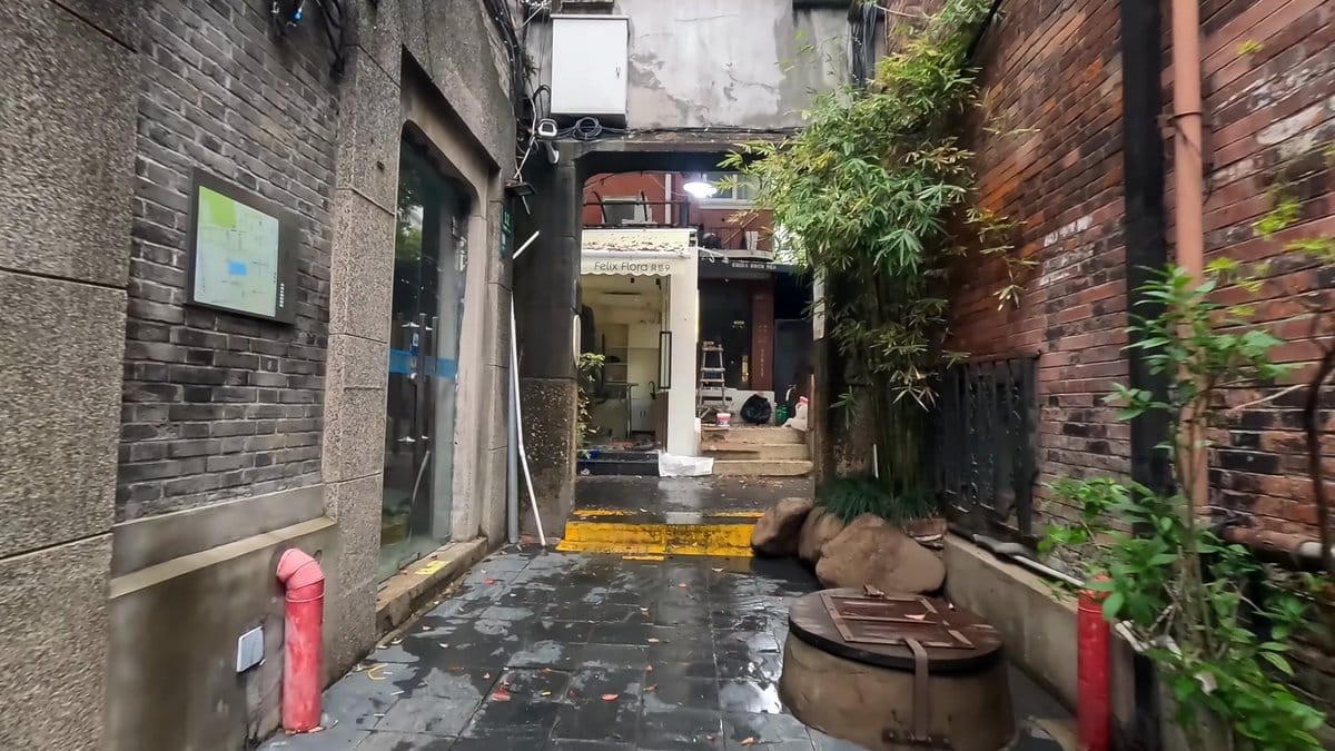 Brick walls and a fire hydrant along the