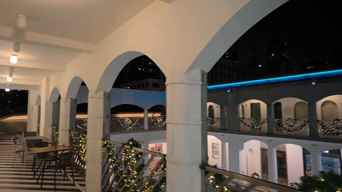 Cafe tables in the pool arcade