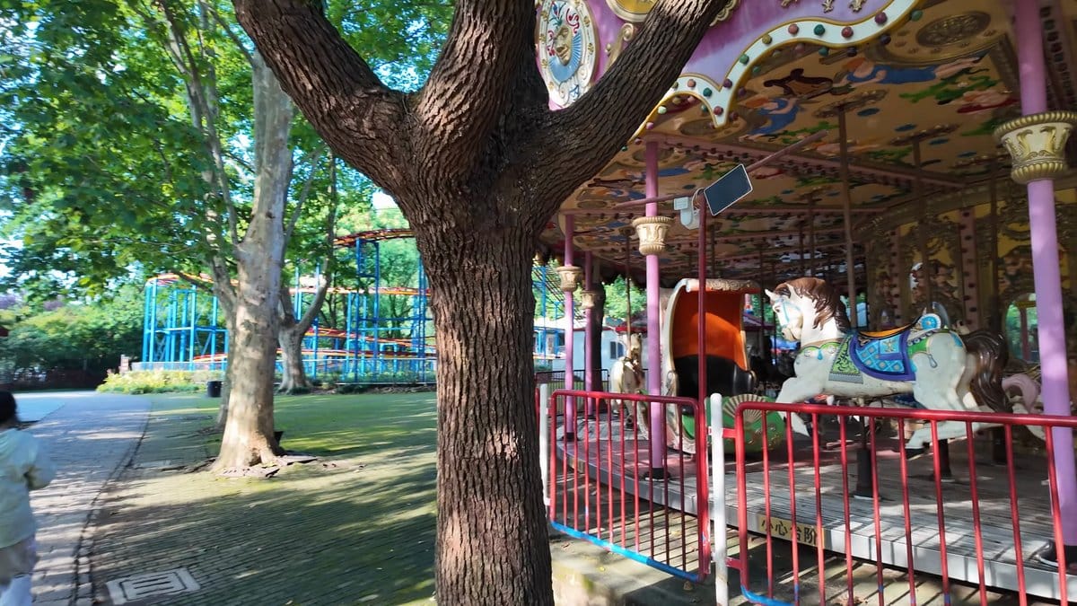 Carousel horses under a painted canopy
