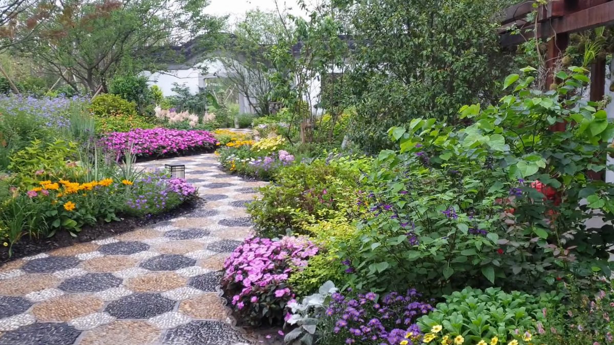 Chequerboard path through flowering perennials