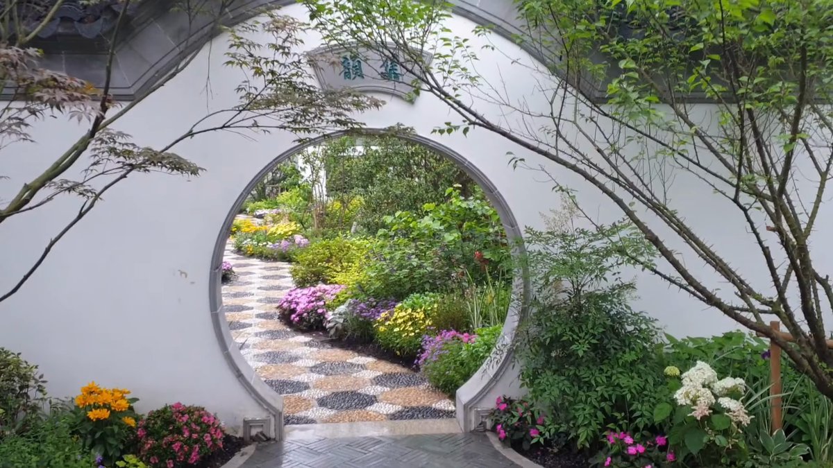 Circular moon gate framing the garden