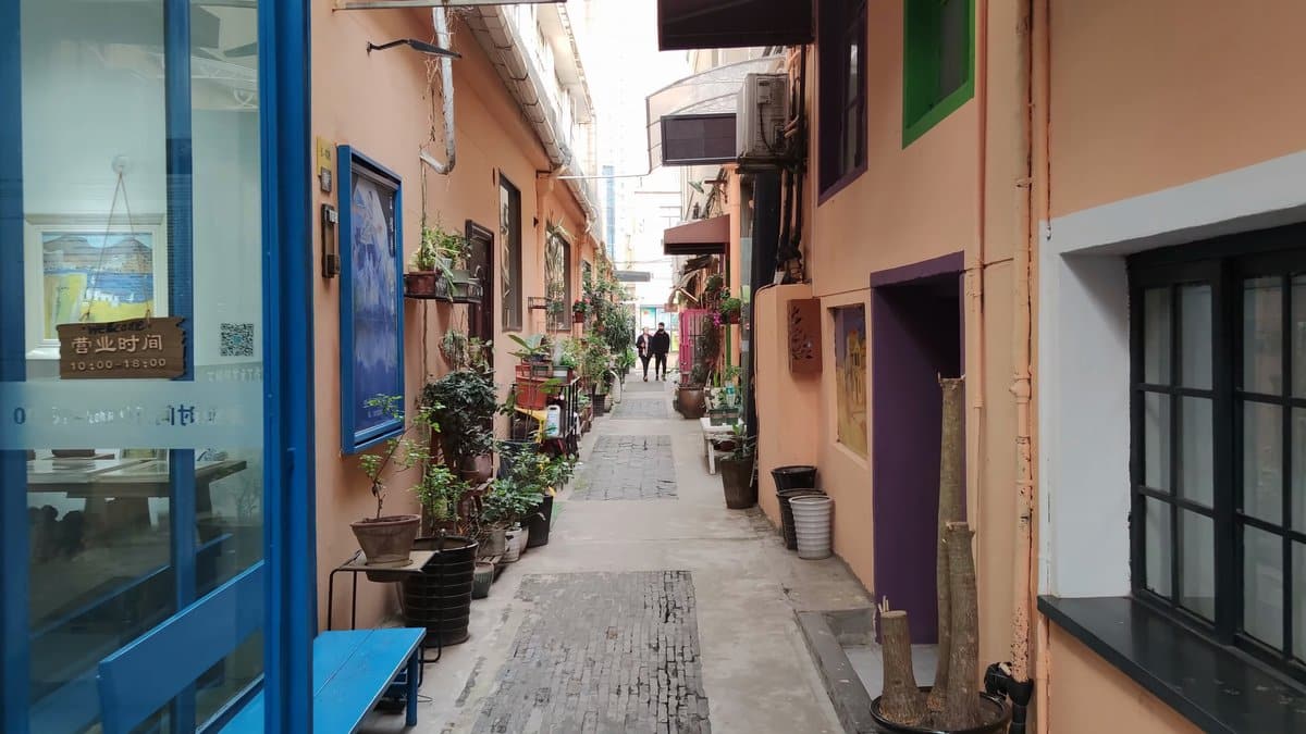 Colorful shopfronts with potted plants