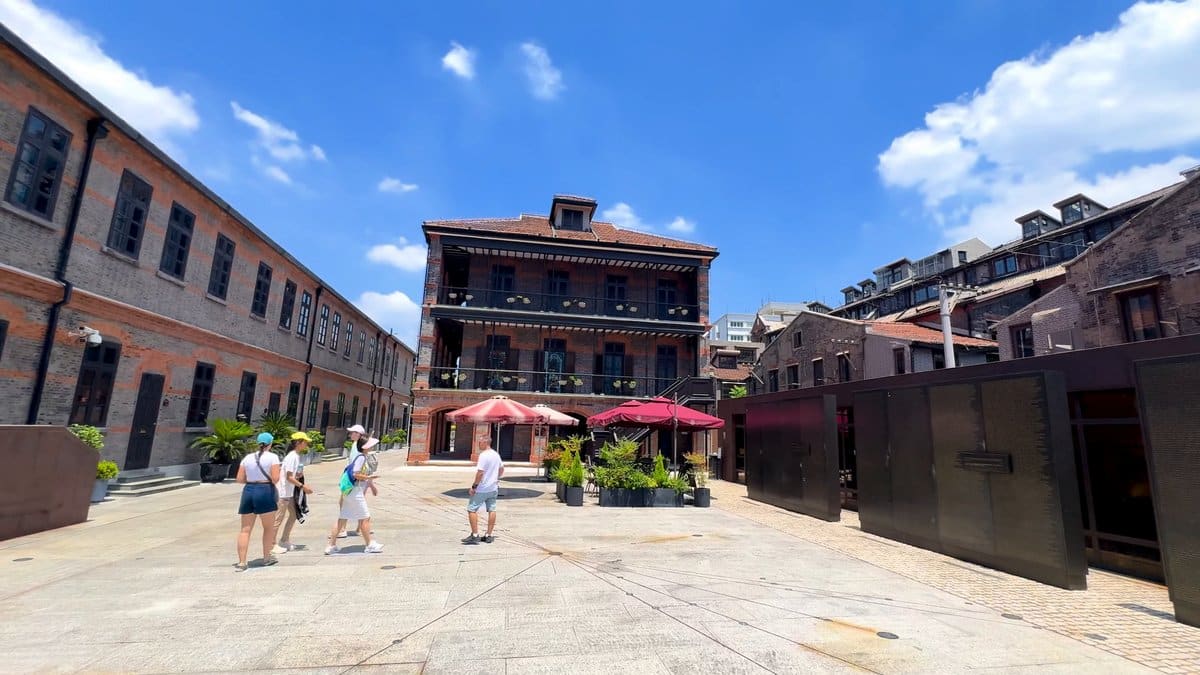 Courtyard between brick museum wings