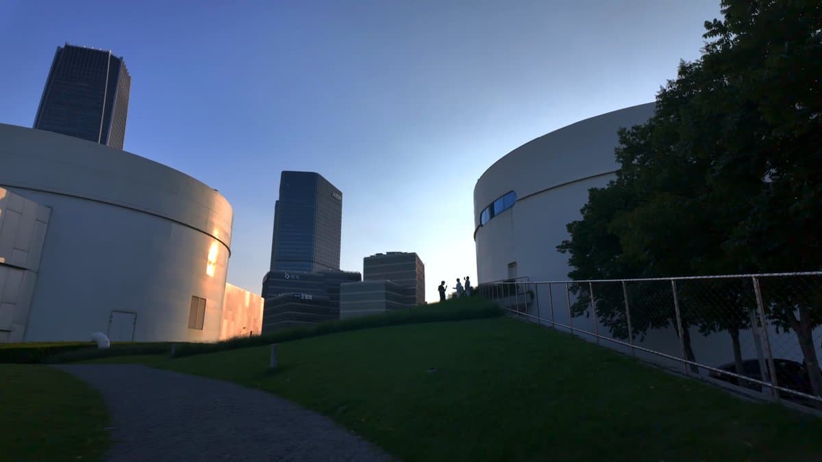 Curved white museum on the lawn