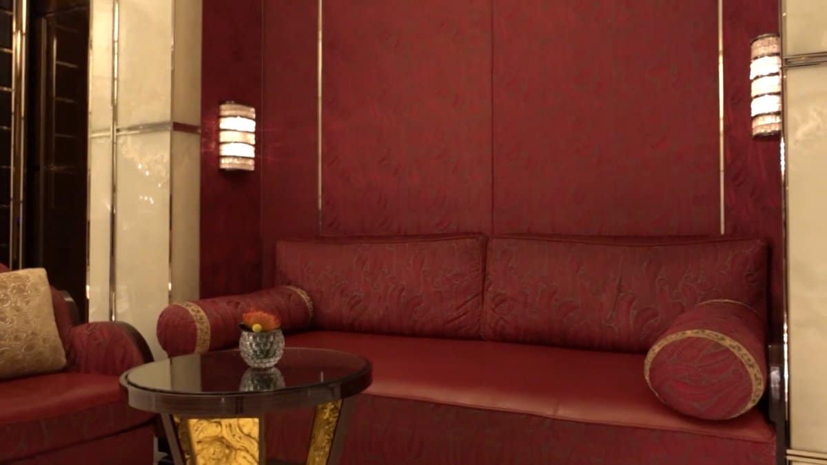 Deep red banquette lounge seating