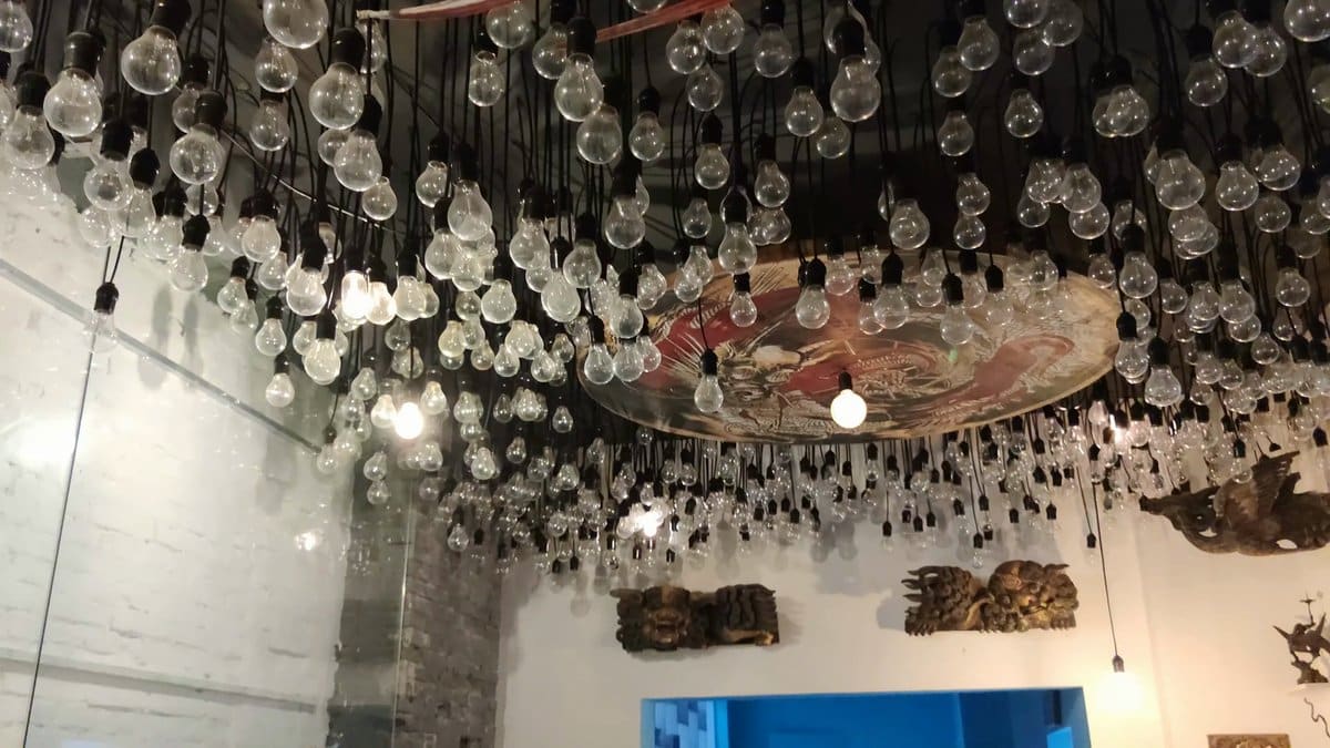 Glass vessels hanging from the ceiling
