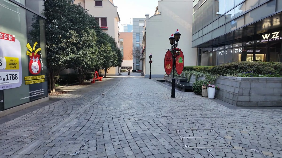 Hedge-lined lane with red lantern