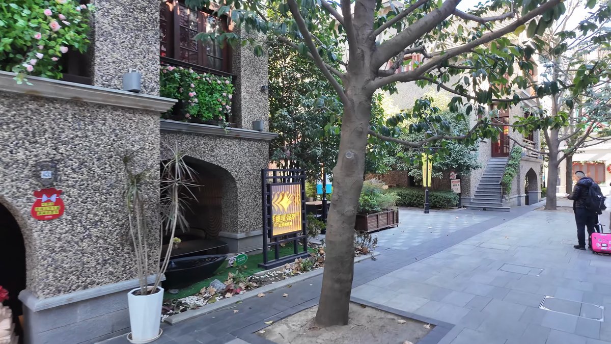 Lane between villas under plane trees