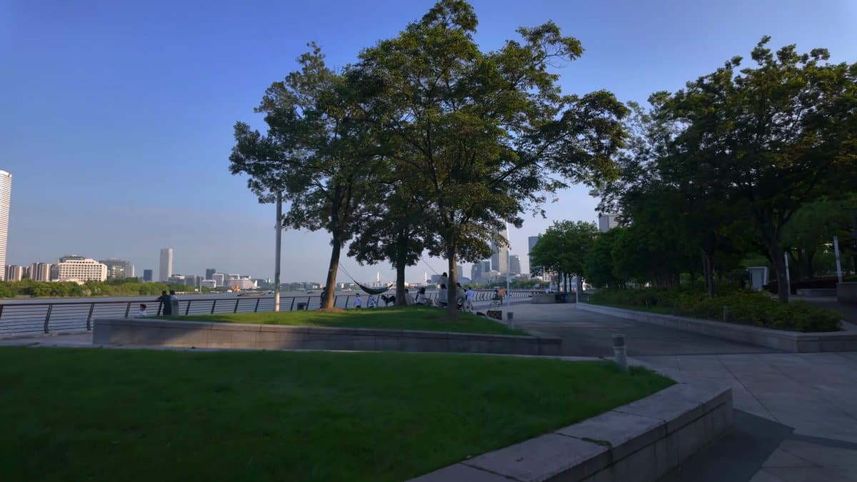 Lawn and trees running down to the riverside