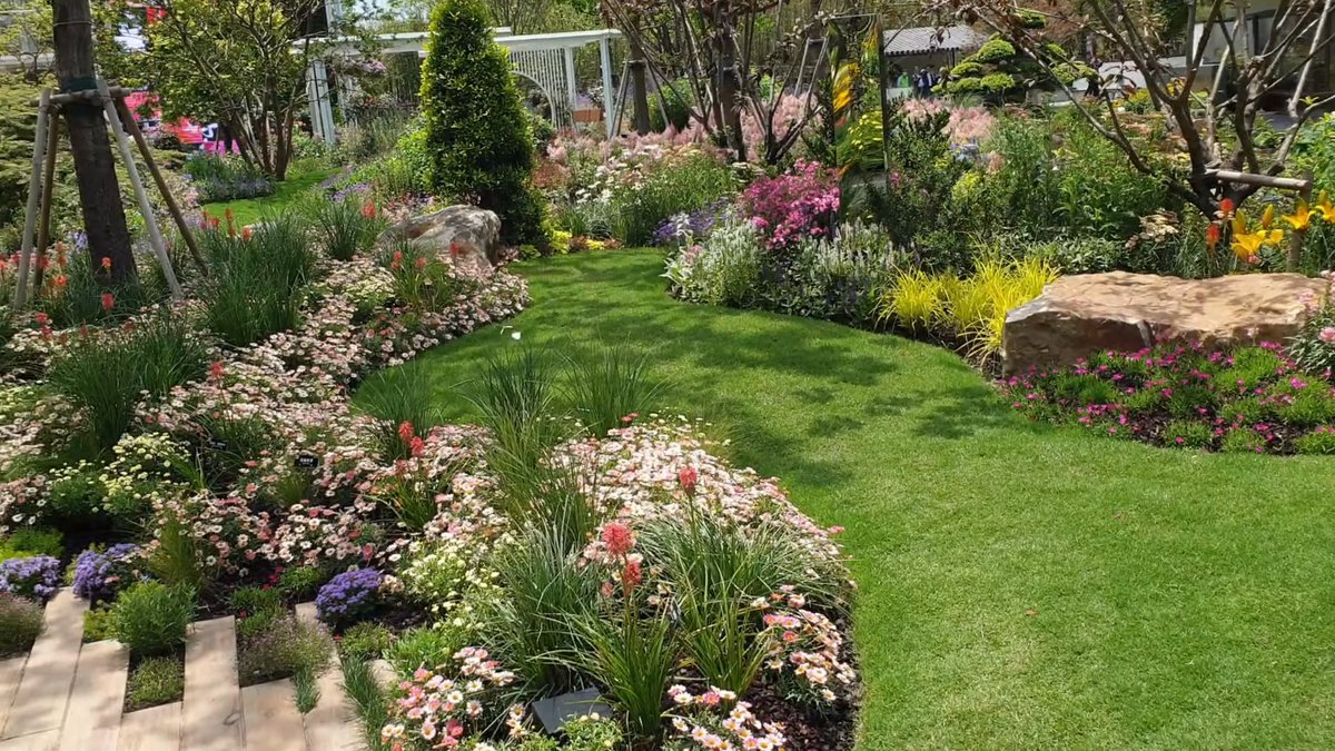 Lawn framed by mixed garden borders