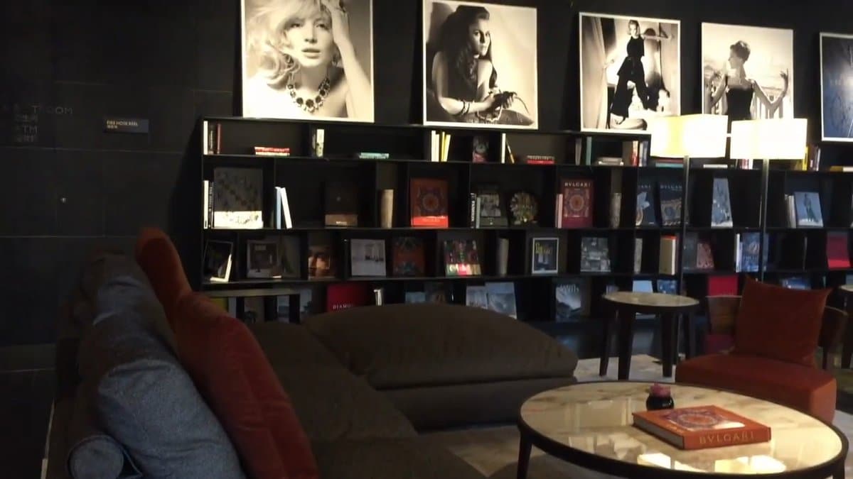 Library lounge with books and photographs