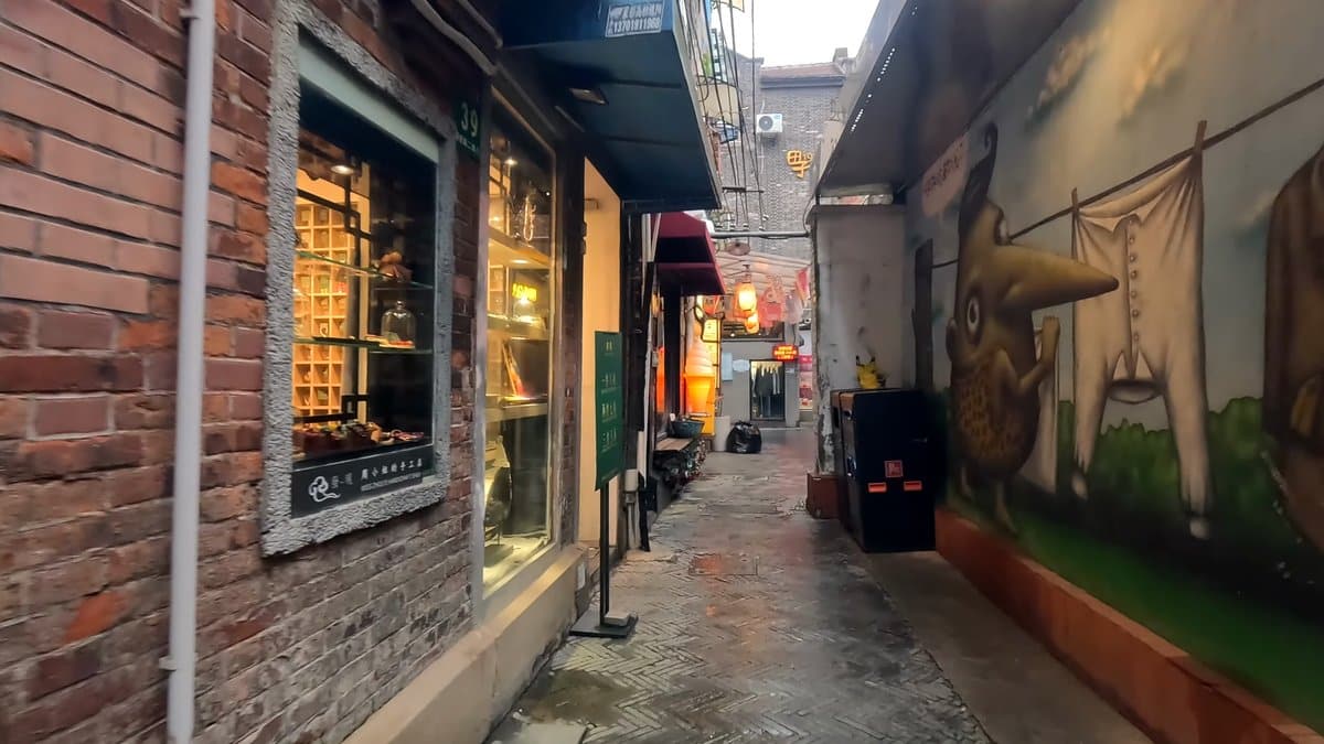 Lit windows and painted mural