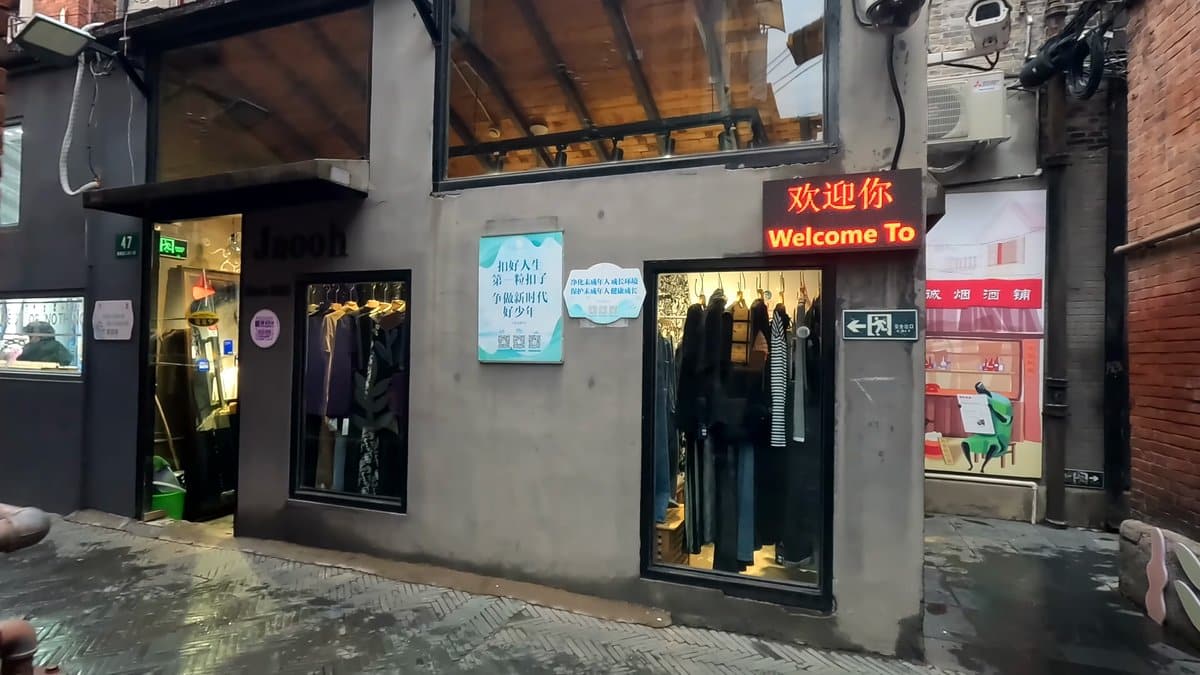 Mannequins in grey shopfront window