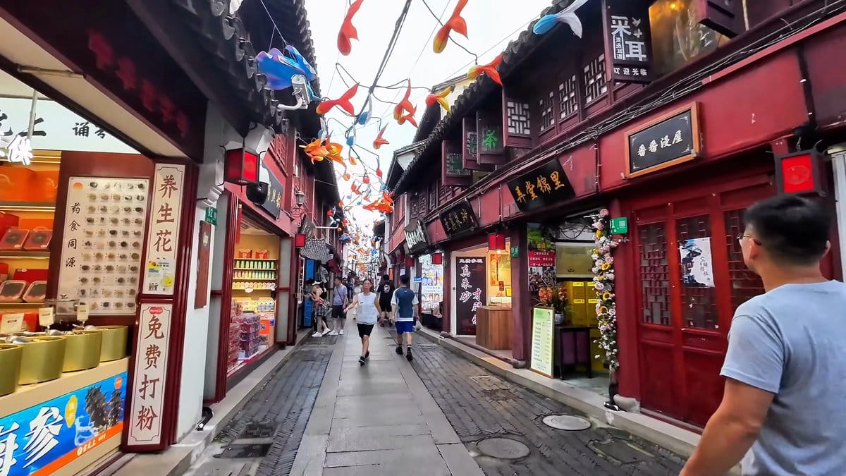 Narrow lane of timber shopfronts