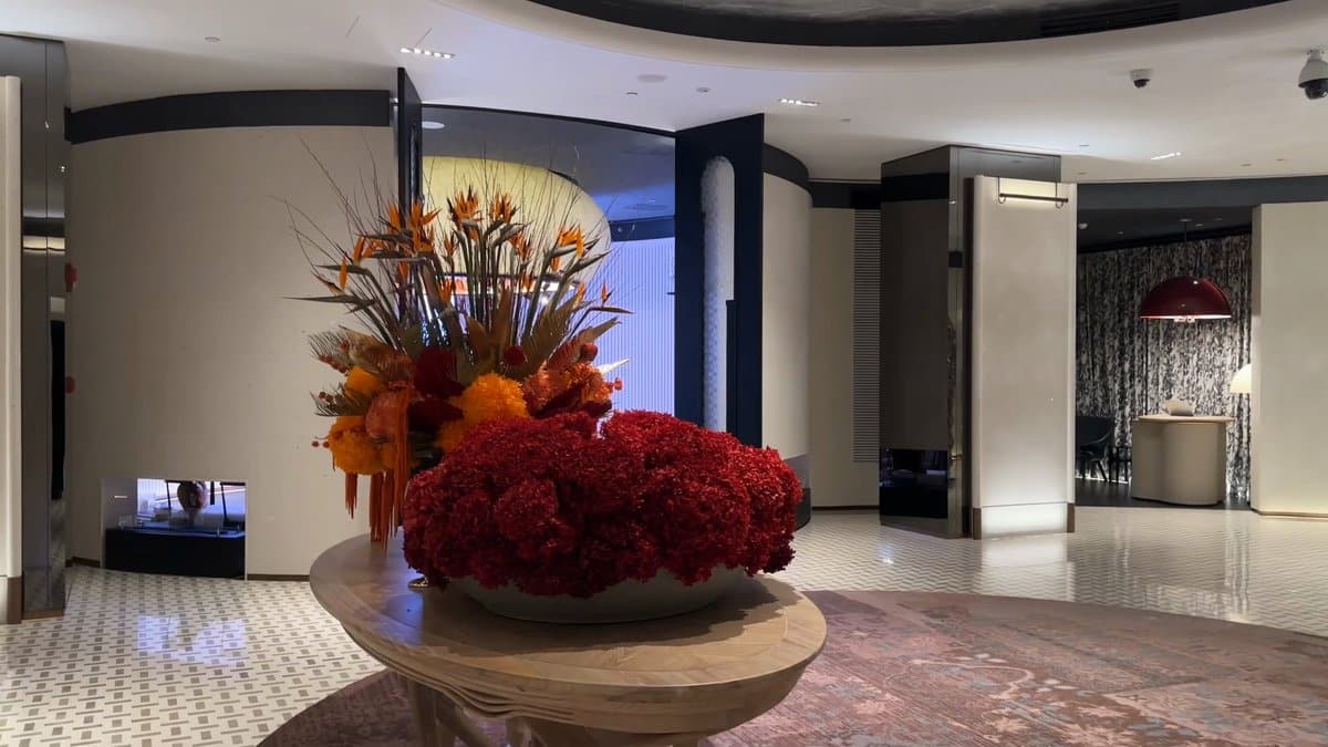 Orange floral display in lobby