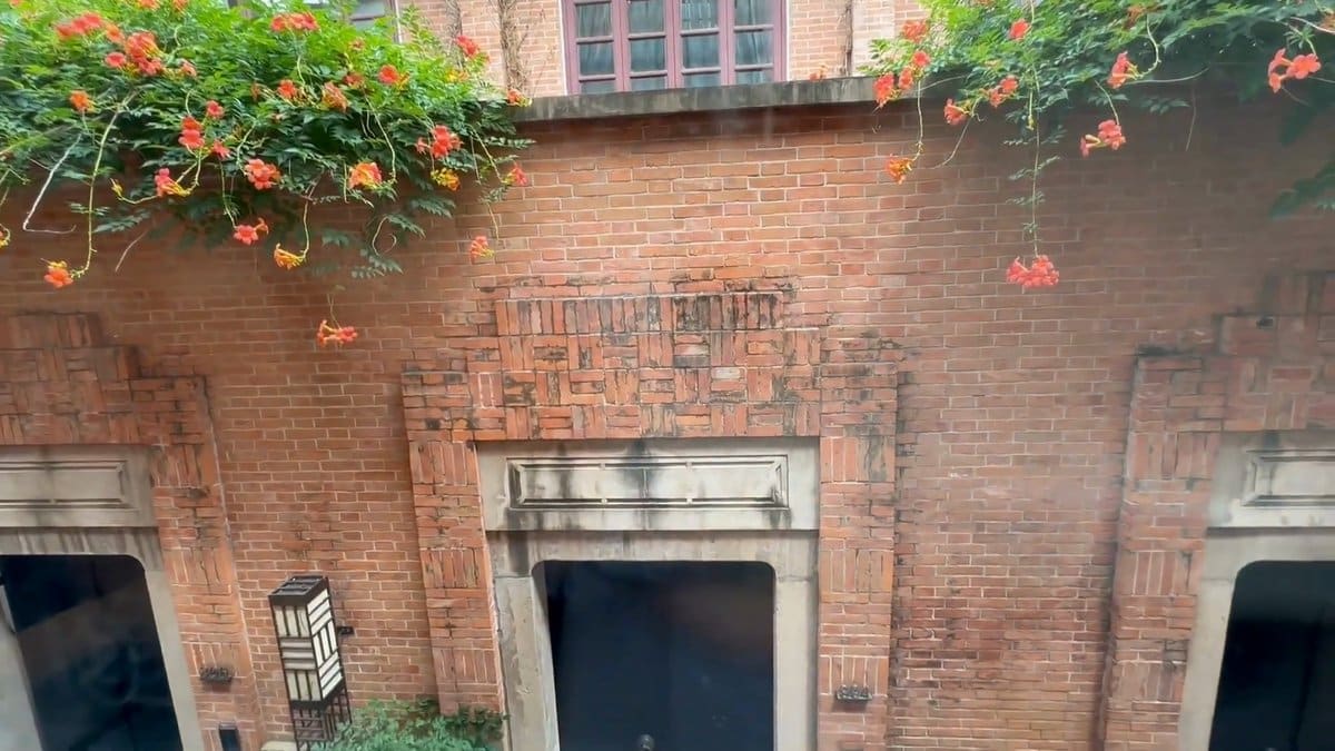 Orange flowers over stone doorway