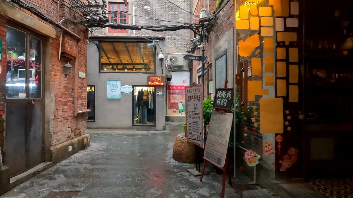 Orange-lit print shop doorway