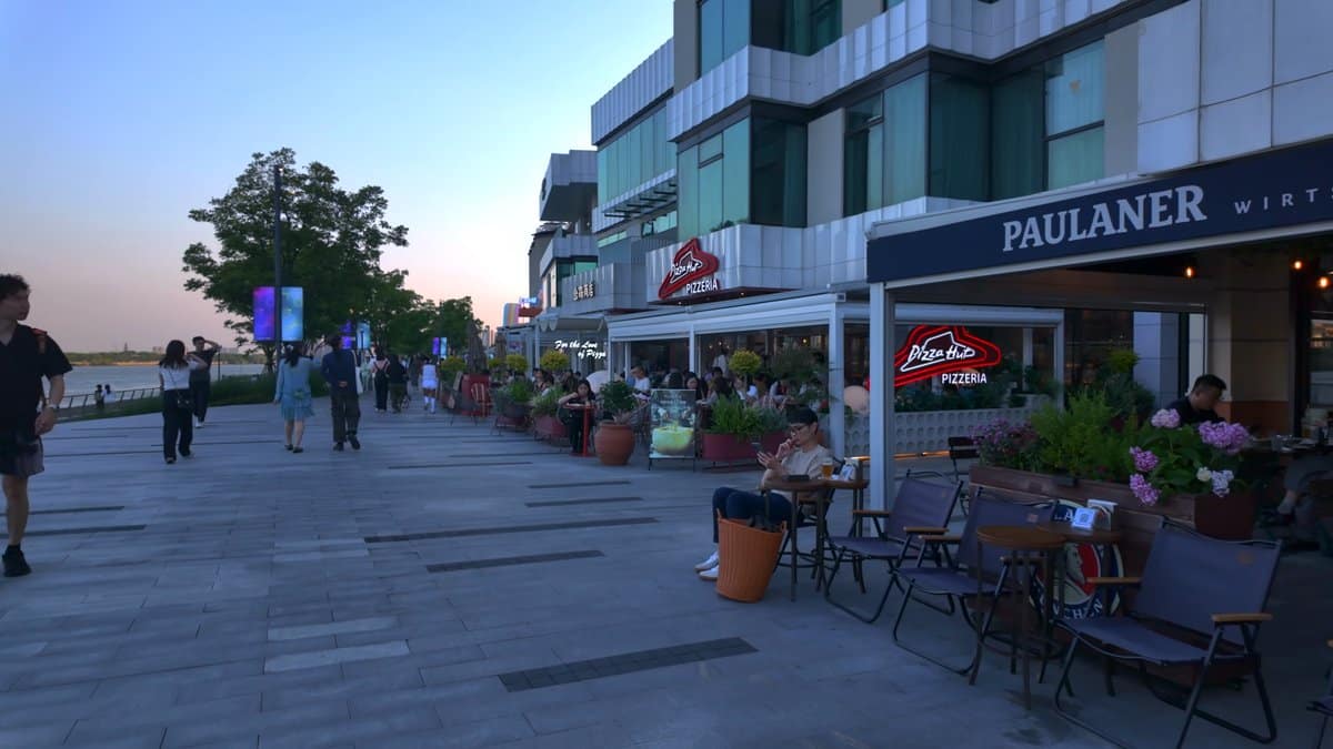 Paulaner brewery tables along the front