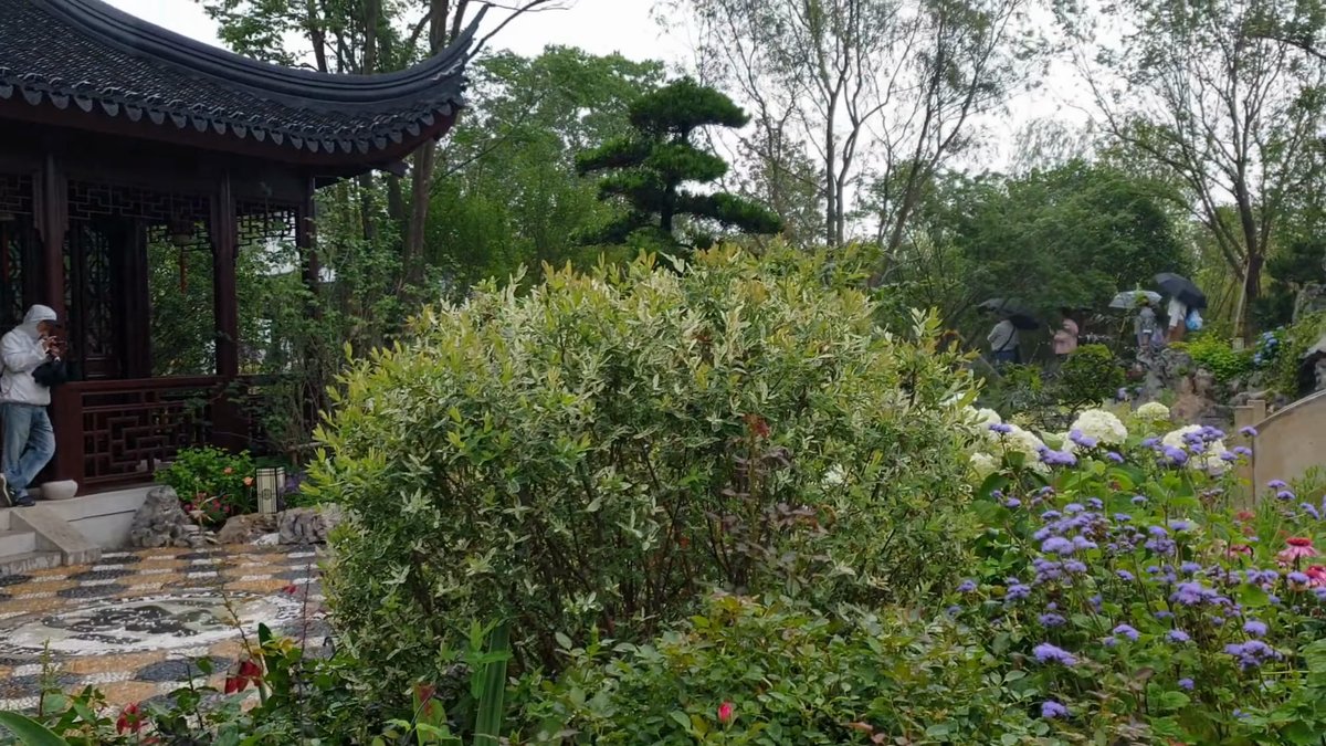 Pavilion with upswept eaves over planting