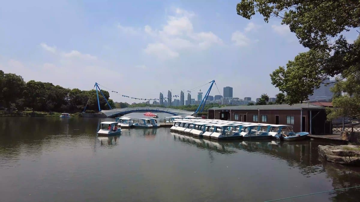 Pedal boats against city skyline