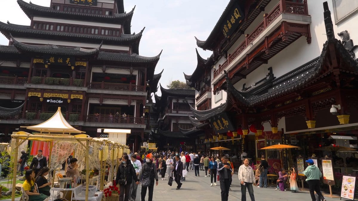 Plaza beside a tiered pavilion