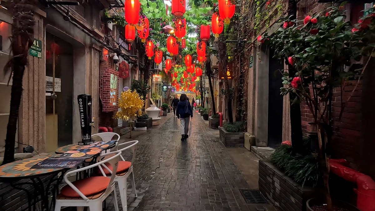 Red lanterns crowding the lane
