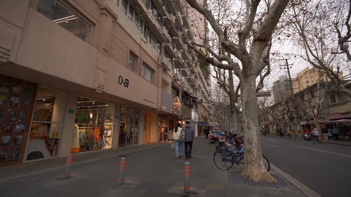 Shopping street with parked bicycles