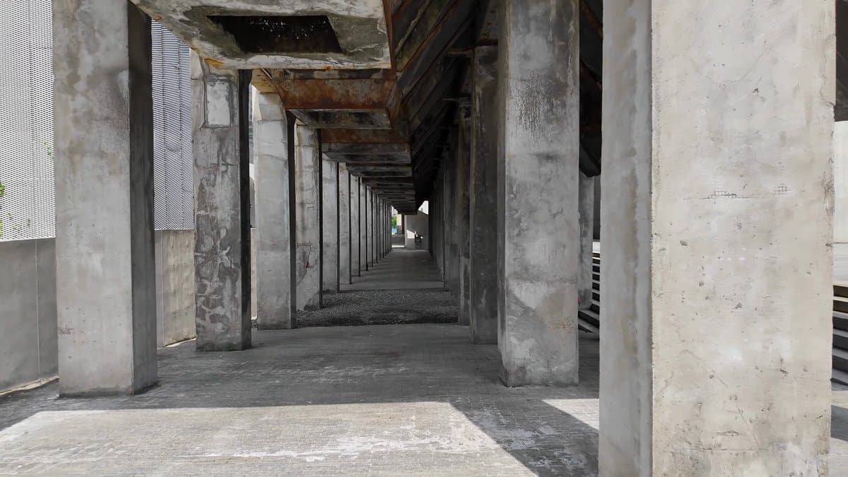 Square piers receding in perspective