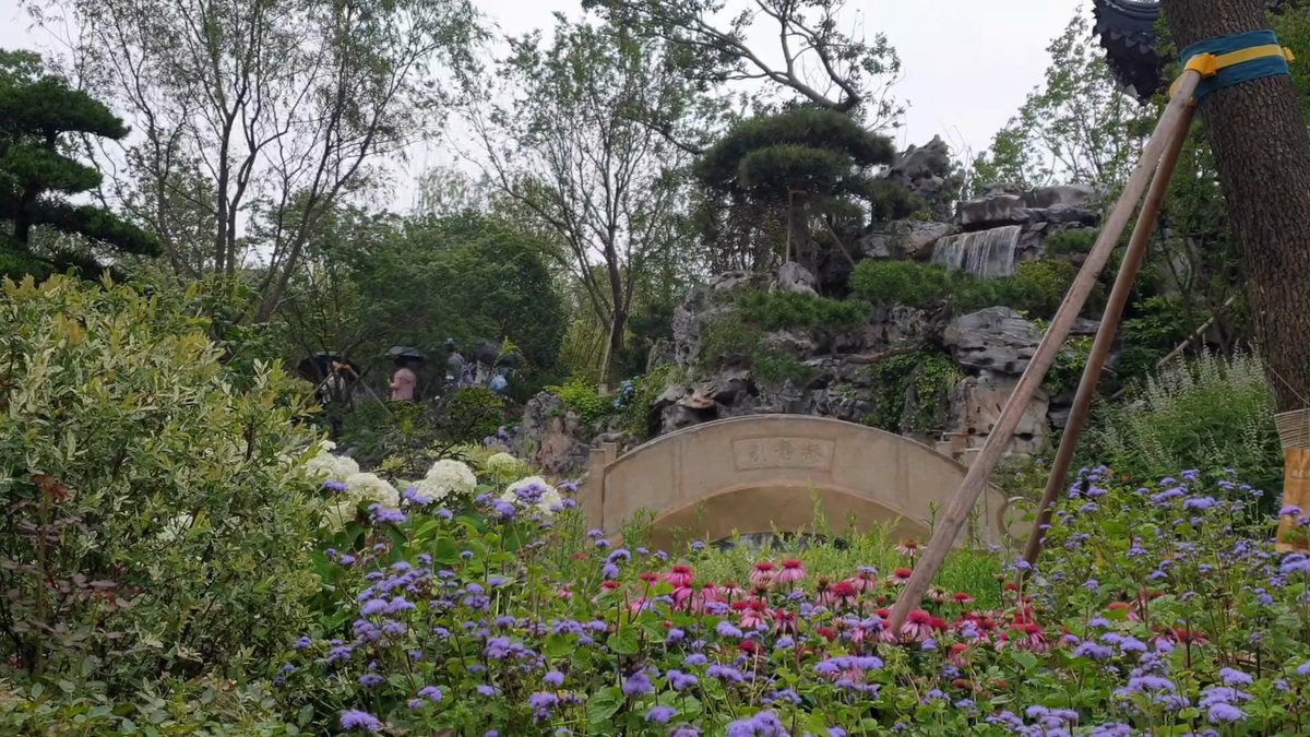 Stone bridge among purple-pink planting