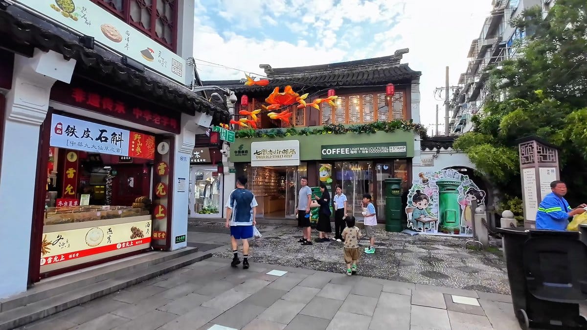 Street corner coffee shop and storefronts