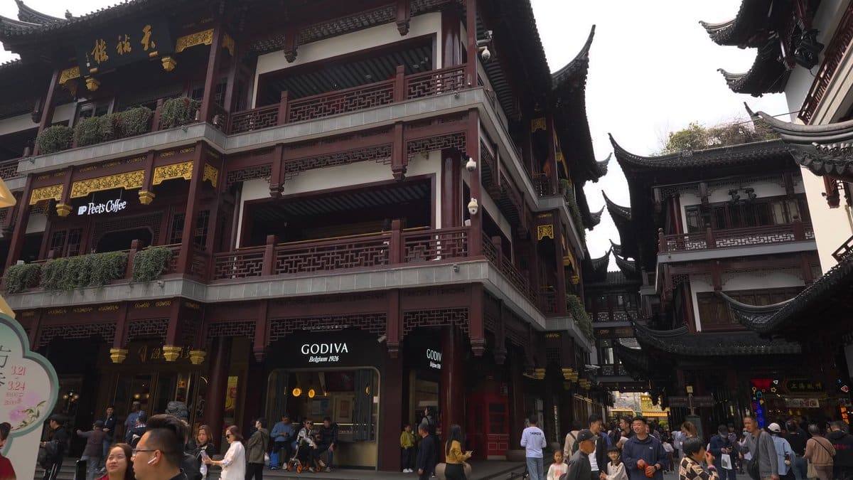 The bazaar frontage with GODIVA signage under carved