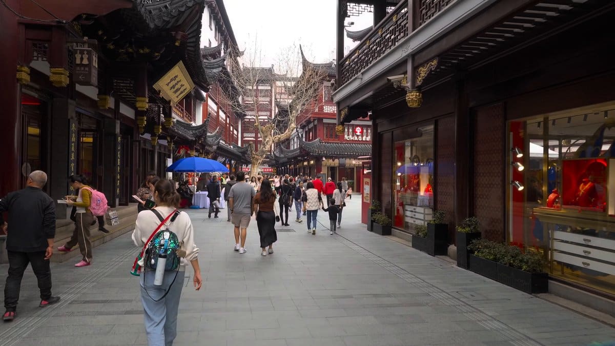 The bazaar lane running ahead between tiered buildings,