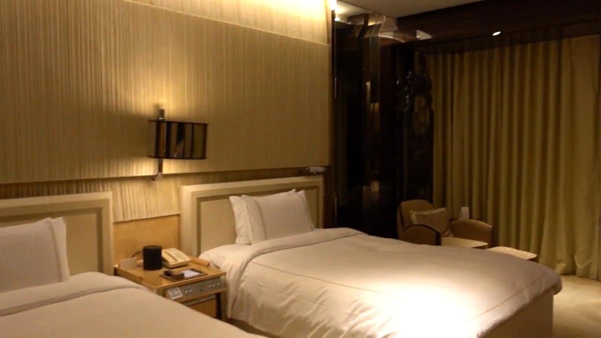 The bedside table and lamp between the headboards.