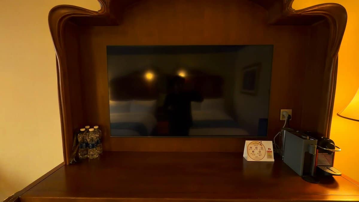 The dark television screen framed by the carved