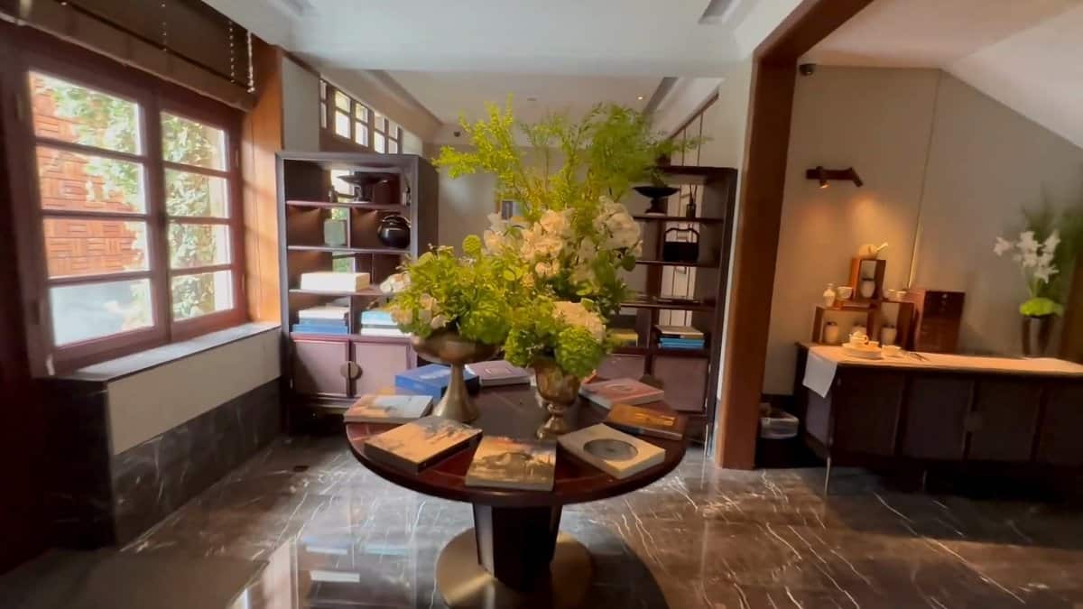 The lounge from the doorway, a tall arrangement