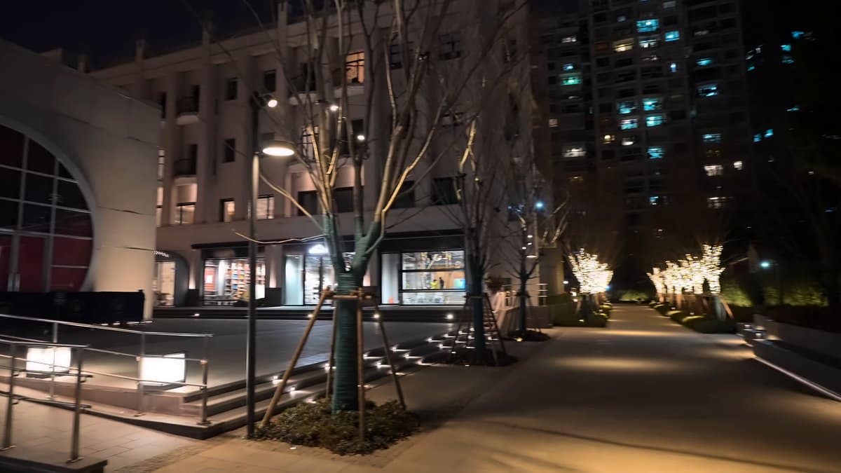 The plaza with lit trees and a red