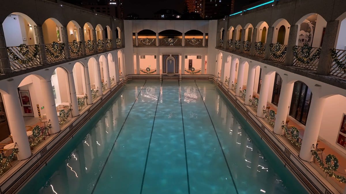 The pool from ground level at the end,