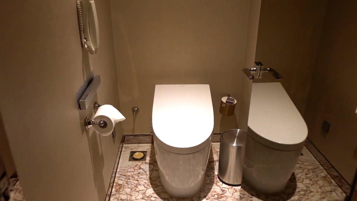 The toilet and bidet side by side on