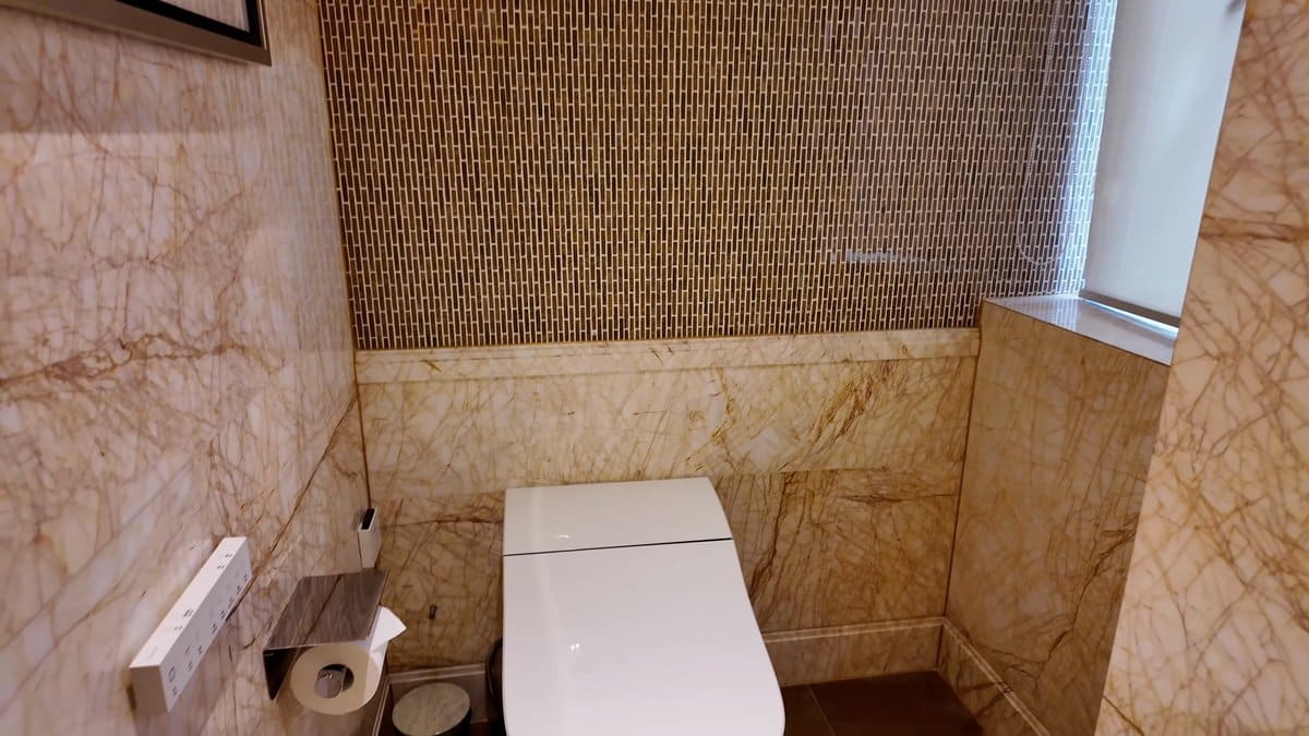 The toilet in its marble alcove, a textured