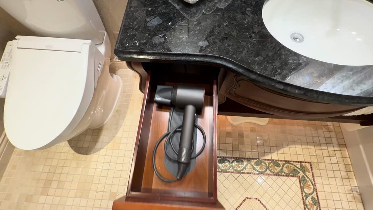 The vanity drawer pulled open to show the
