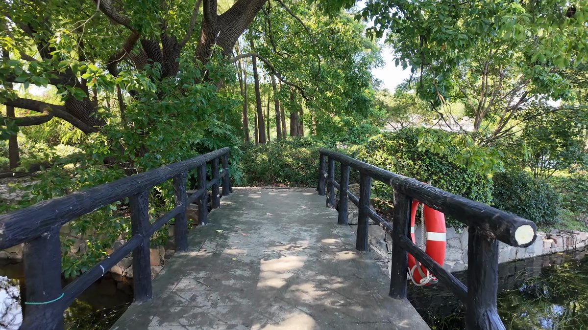 Timber footbridge with a lifebuoy