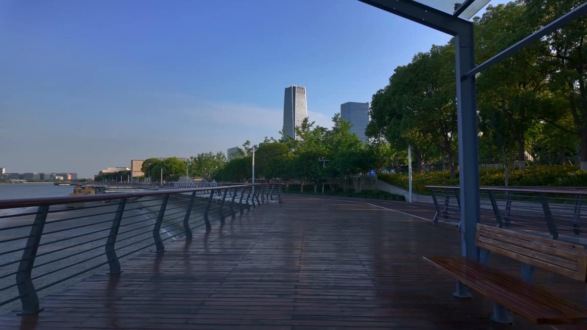Timber river boardwalk in late afternoon